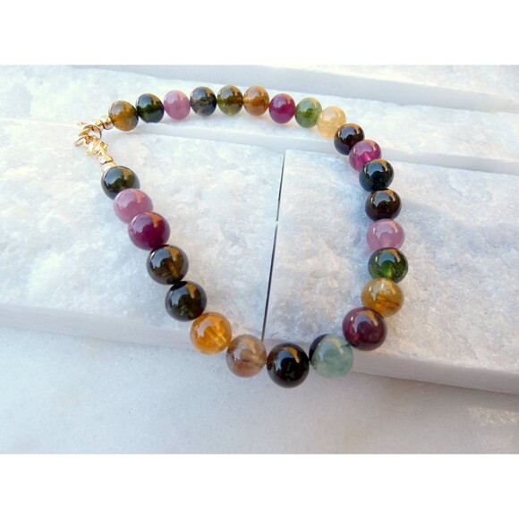 Natural Watermelon Tourmaline - 6mm Gold Beaded Bracelet  Colorful Gemstones - Picture 6 of 6